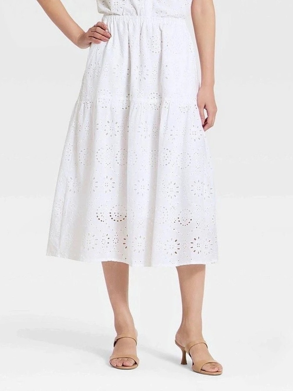 A New Day Tiered Eyelet Midi Skirt White